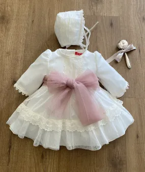 Embroidered tulle dress and bonnet set with pink bow